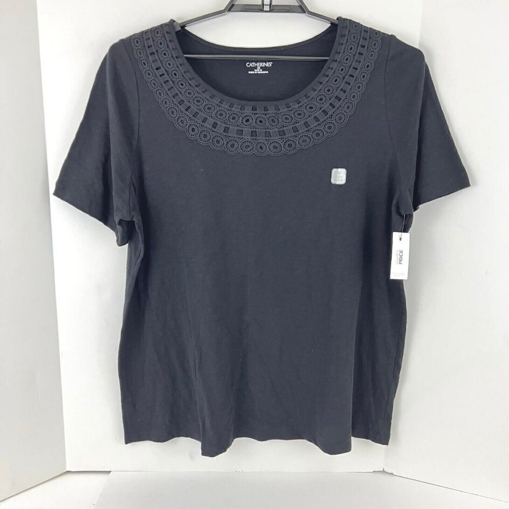 Catherines Womens Black Lace Collar Tee Shirt Top Scoop Neck Size 0X NWT